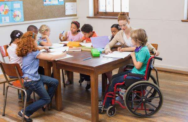 Children sit around a table. A child in a wheelchair is in the front of the frame being helped by a teacher
