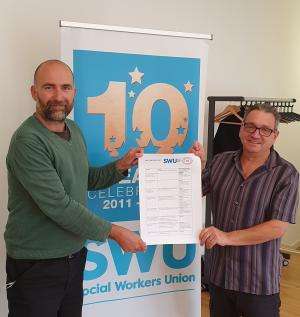 2021 08 31 simon francis and john mcgowan Simon Francis (Campaign Collective) and John McGowan (SWU) hold a copy of the SWU Campaign Fund application form between them