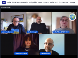 2022 03 28 social work futures basw panel discussion A screenshot of the chair and panelists for the "Social Work Future: Media and public perceptions of social work, impact and change" World Social Work Month 2022 online event