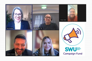 2023 01 18 screenshot swu campaign fund A screenshot of a Microsoft Teams meeting with Minister Jamie Hepburn, students David Grimm & Lucy Challoner, SWU General Secretary John McGowan, and SASW National Director Alison Bavidge.