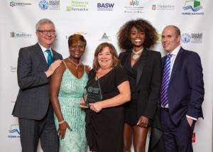 From left, awards chair Peter Hay, awards creator Beverely Williams, Louise Pashley, host Lorraine Pascale and James Rook from Sanctuary Personnel England Social Worker of the Year Awards Louise Pashley Rotherham BASW