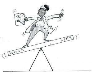 A drawing by Harry Venning for the book "How to Survive in Social Work" A professionally dressed woman holding a briefcase stands precariously balancing on a seesaw. One end of the seesaw is labeled "work" and the other is "life". The "work" end of the seesaw is lower than the "life" end of the seesaw.